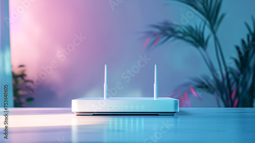 modern white router for home Internet and television networks, online communications against the backdrop of a bright home interior with neon lighting and copy space