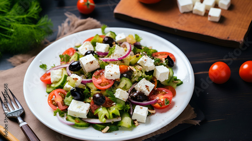 Fresh homemade vegetable salad with feta cheese and olives on a dark wooden background. view from above.