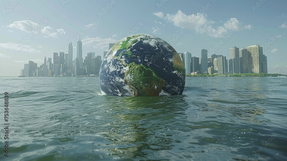 A digital graphic of a globe with rising sea levels, showing affected coastlines and cities. - obrazy, fototapety, plakaty 