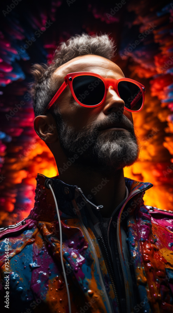 Portrait of man with sunglasses and colorful jacket