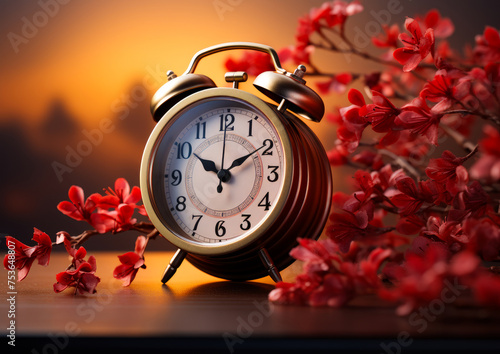Alarm clock and red flowers on the wooden table