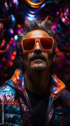 Portrait of man in orange sunglasses and jacket with bright neon lights