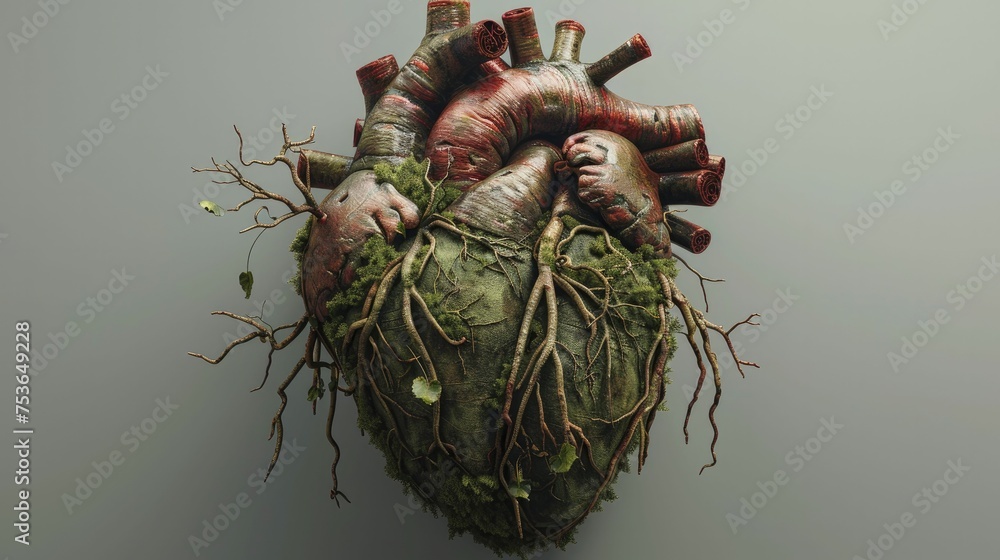A digital artwork showing a human heart entwined with tree roots symbolizes the deep bond between humans and nature. A digital artwork showing a human heart entwined with tree roots symbolizes the deep bond between humans and nature.