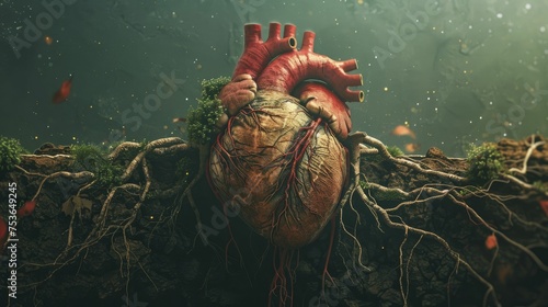 A digital graphic of a human heart intertwined with tree roots, illustrating the connection between humans and nature. photo