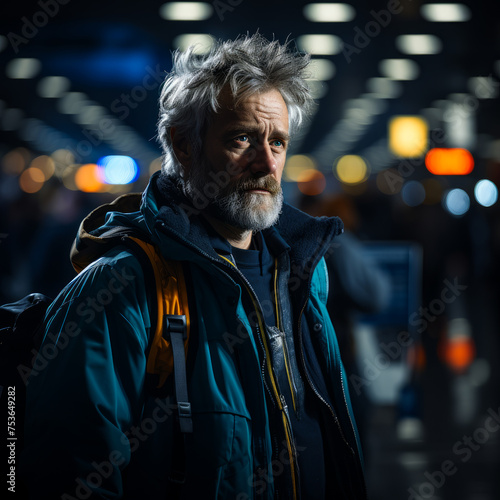Portrait of man with backpack in the night city