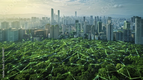 A digital graphic of a network of green, leafy veins spreading over an urban landscape, representing the greening of cities. #753649407