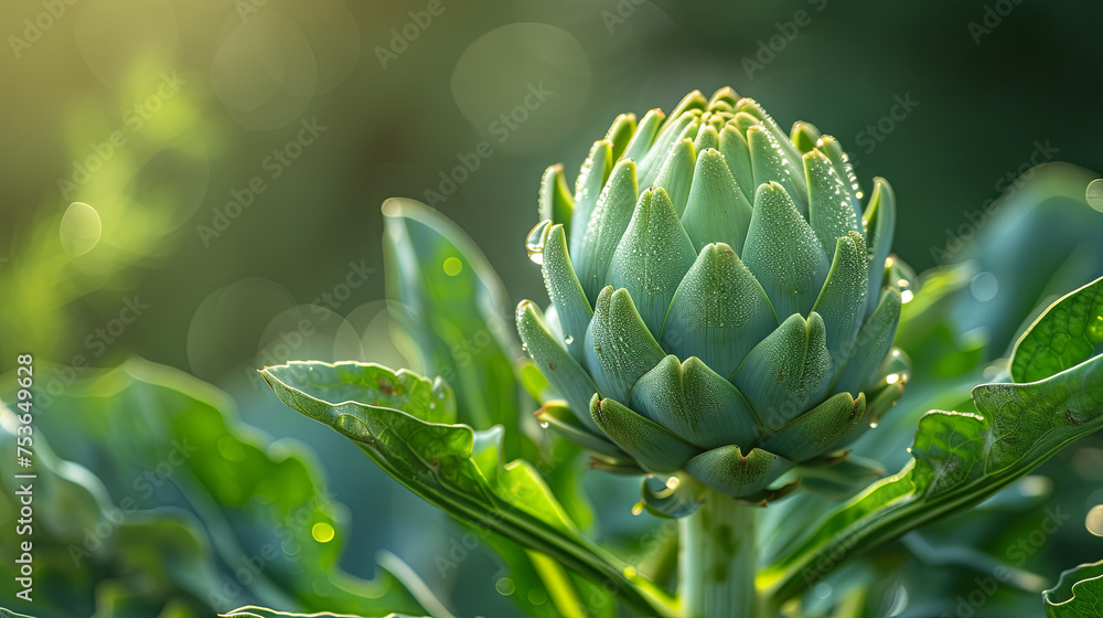 Fototapeta premium Cynara Artichoke in the greenhouse, growing plant concept, green background