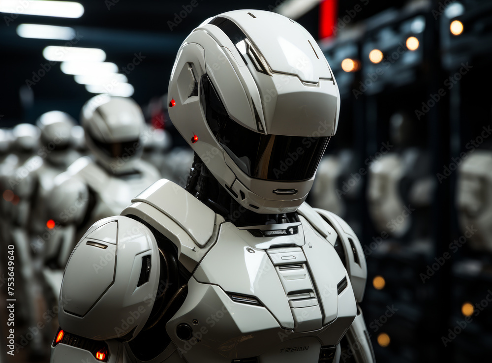 White robots standing in row in factory or spaceship. 3D rendering. White robots standing in row in factory or spaceship. 3D rendering.