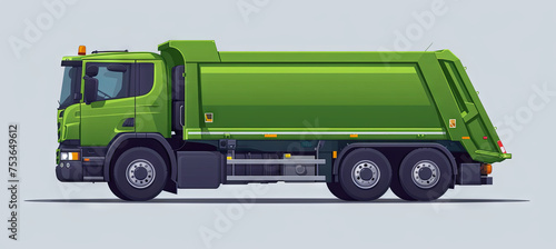 Green garbage truck, Garbage disposal concept, grey background photo