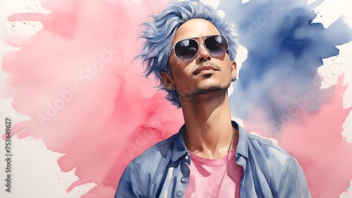 A watercolor painting of a person wearing sunglass with blue hair and pink shirt color splash in background photo
