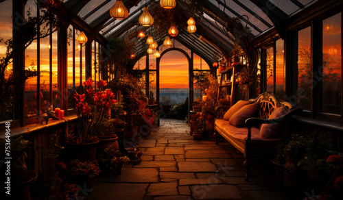Beautiful sunset illuminates the interior of greenhouse