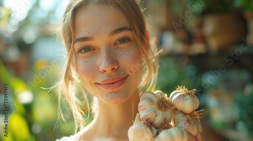 Young girl holding garlic smiling happy and positive,