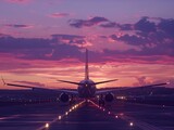 An airplane prepares for takeoff against a vivid sunset sky, lined runway lights guiding the path.