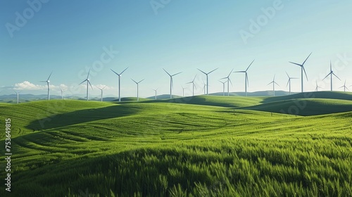 A digital graphic of a series of wind turbines in a lush green field under a clear blue sky, symbolizing clean energy.