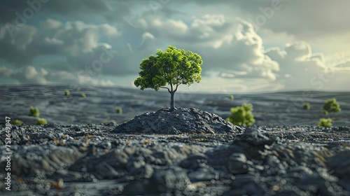 A digital image showing a lone tree in a barren land  signifies loss and emphasizes reforestation urgency.