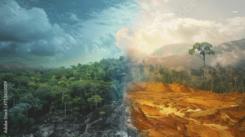 A digital graphic presents a vibrant rainforest beside a barren, mined land, depicting resource exploitation. #753650009