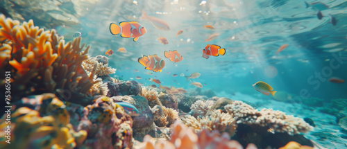 Vibrant underwater scene with clownfish among coral, teeming with marine biodiversity. © Ai Studio