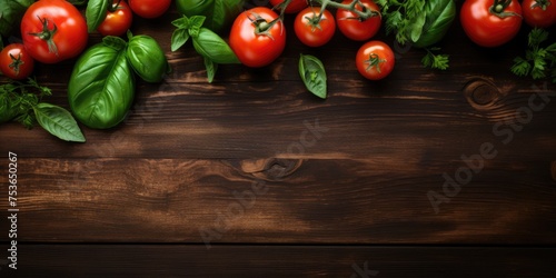 Bird's eye view of ripe tomatoes and basil displayed on a wooden table. Space for text.