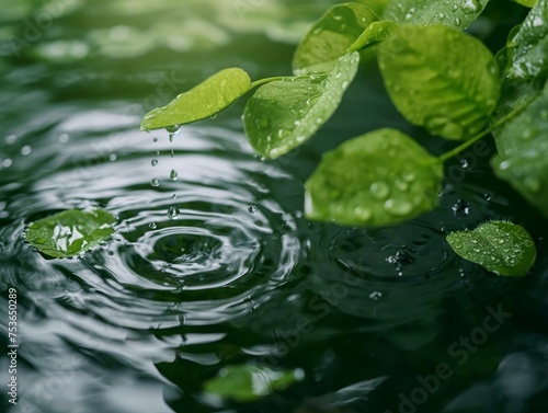 Close-up of raindrops trickling from green leaves into a tranquil water surface, creating ripples.