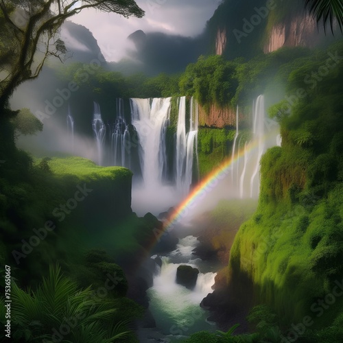 illustration of a view of a rainbow over a waterfall surrounded by lush vegetation
