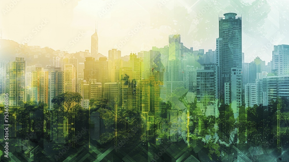 A digital graphic of a vibrant cityscape displaying contrasting green spaces to underscore the human impact on nature. - obrazy, fototapety, plakaty 