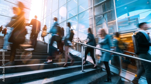 A group of people are walking up a set of stairs in a busy city, blur motion photo