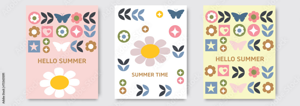 Set of trendy minimal Summer posters with beautiful flowers and modern typography. Floral background, cover, sale banner, card, flyer design. Template for advertising, web, social media