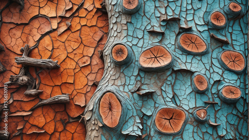 The image shows the texture of the tree's bark with distinct orange and blue hues. The structure of the bark is decorated with patterns created by cracks and imprints from cut branches