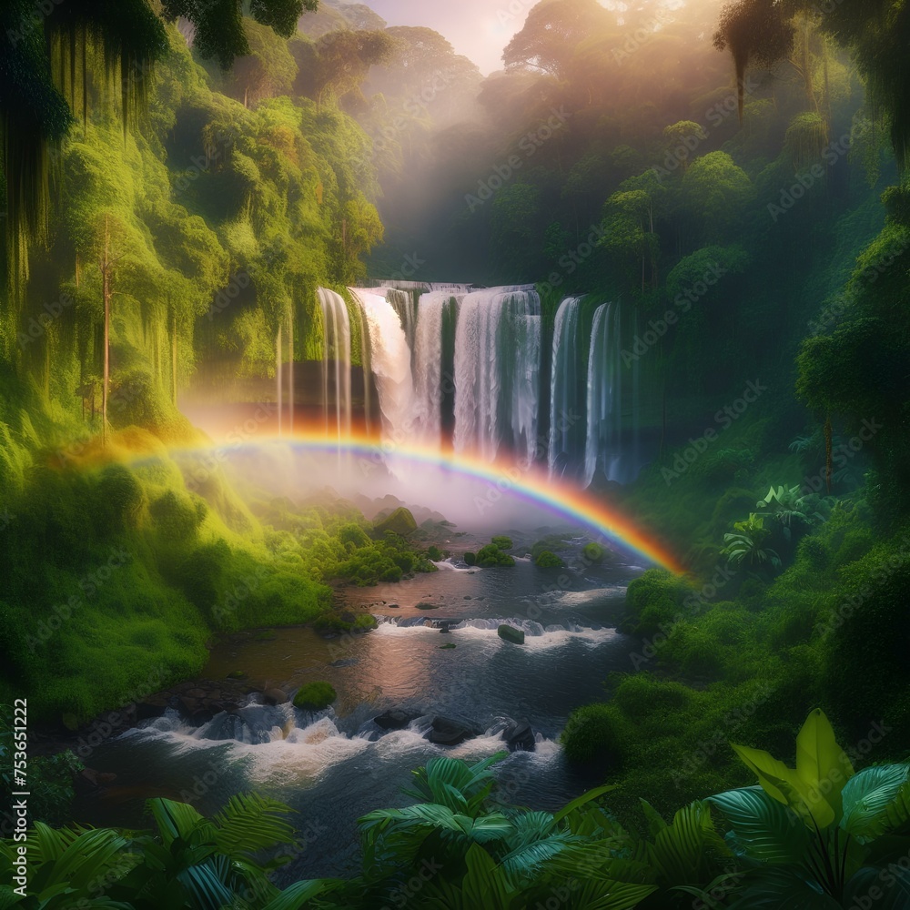 illustration of a view of a rainbow over a waterfall surrounded by lush vegetation illustration of a view of a rainbow over a waterfall surrounded by lush vegetation