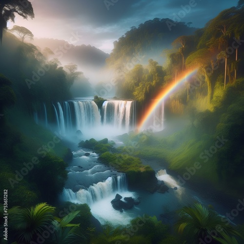 illustration of a view of a rainbow over a waterfall surrounded by lush vegetation