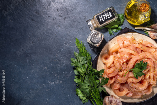 Raw chicken strips cooking background