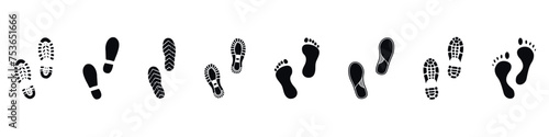 Footprint trail. Walking steps path, hiking legs tracks, footwear sole, street people shoes pattern, human barefoot. Vector collection photo