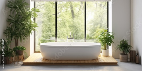 Modern bathroom with rustic decorations  white bathtub  panoramic windows  and green plants.