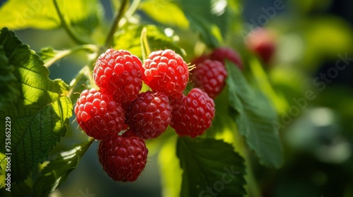 Ripe raspberries on branch in garden, bright sunlight, free copy space for text or design