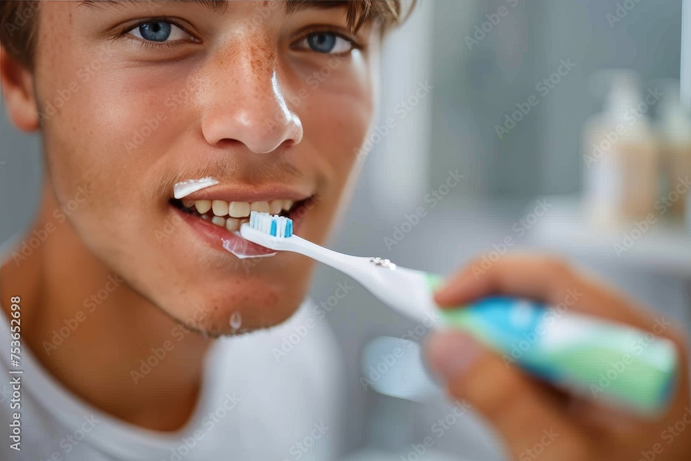 Young man with an electric toothbrush in his mouth, brushing his teeth, blurred background Young man with an electric toothbrush in his mouth, brushing his teeth, blurred background