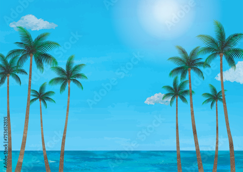 ヤシの木と海のハワイの風景水彩画
