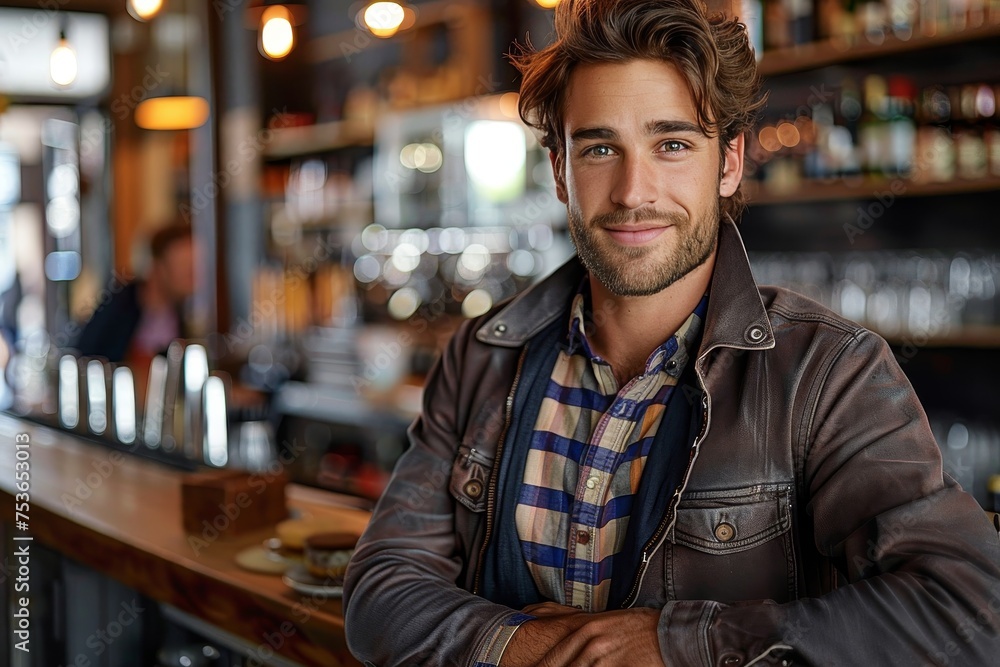 A stylish young man exuding confidence with his easy smile, seated in an ambient indoor setting A stylish young man exuding confidence with his easy smile, seated in an ambient indoor setting