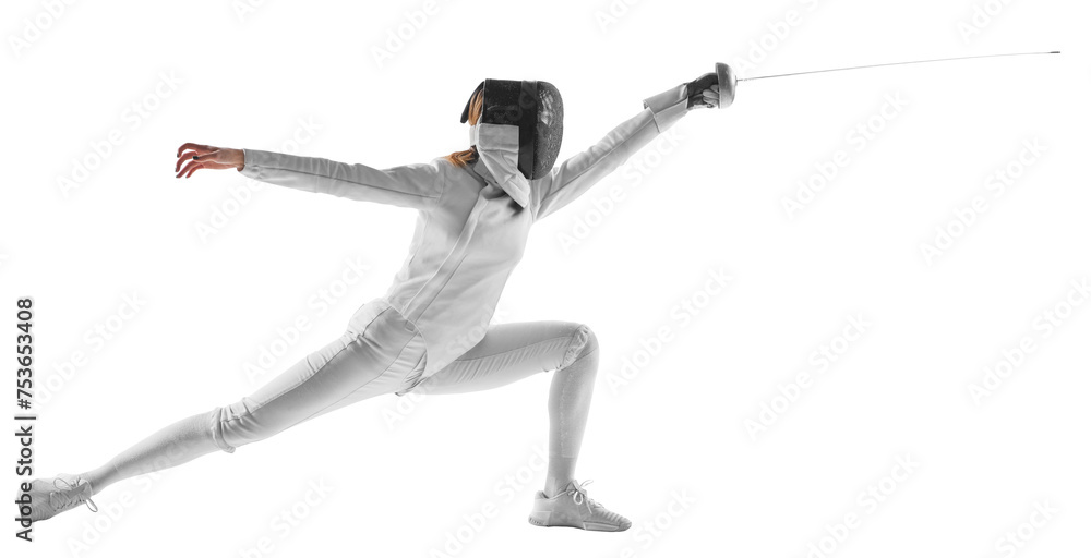 Artistry and combat. Electrifying photo of finesse of female fencer in motion, sword gleaming, against transparent background. Concept of professional sport, active lifestyle, fitness, strength.