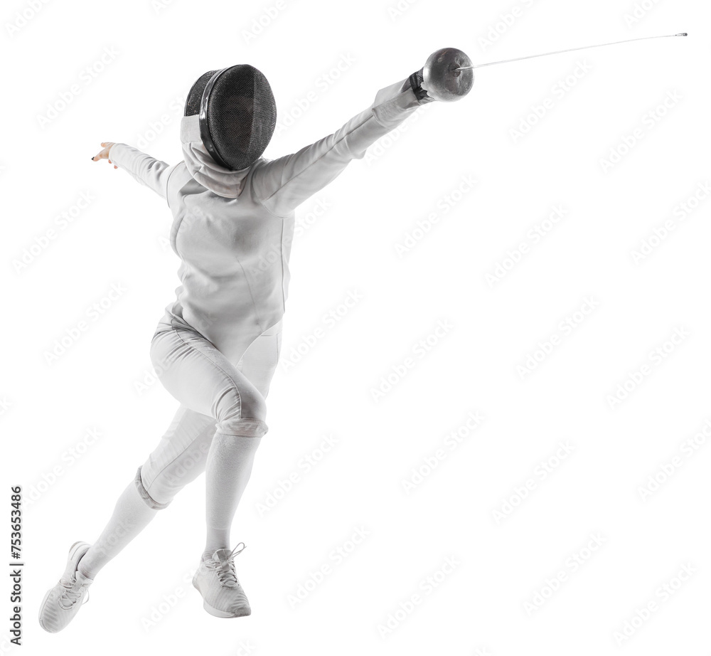Professional female fencer lunging with grace and precision, flash of her sword against transparent background. Dance of competition. Concept of professional sport, active lifestyle, motion, strength Professional female fencer lunging with grace and precision, flash of her sword against transparent background. Dance of competition. Concept of professional sport, active lifestyle, motion, strength
