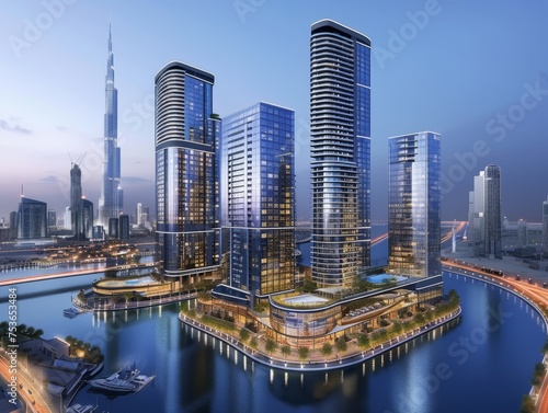 A cluster of sleek corporate towers in Business Bay