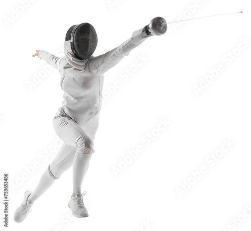 Professional female fencer lunging with grace and precision, flash of her sword against transparent background. Dance of competition. Concept of professional sport, active lifestyle, motion, strength