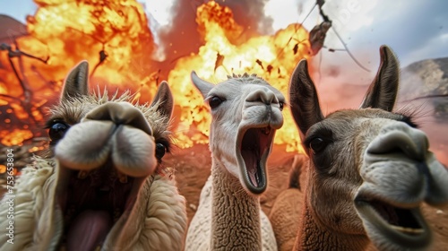 Group of llamas fighting with a fire