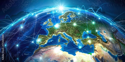 Europe's Central Role in the Digital Sphere. Global Communications. global connectivity on earth, data transfer international telecommunication.