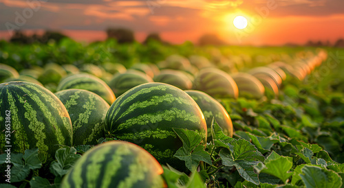 A pile of watermelons on the field at sunset.