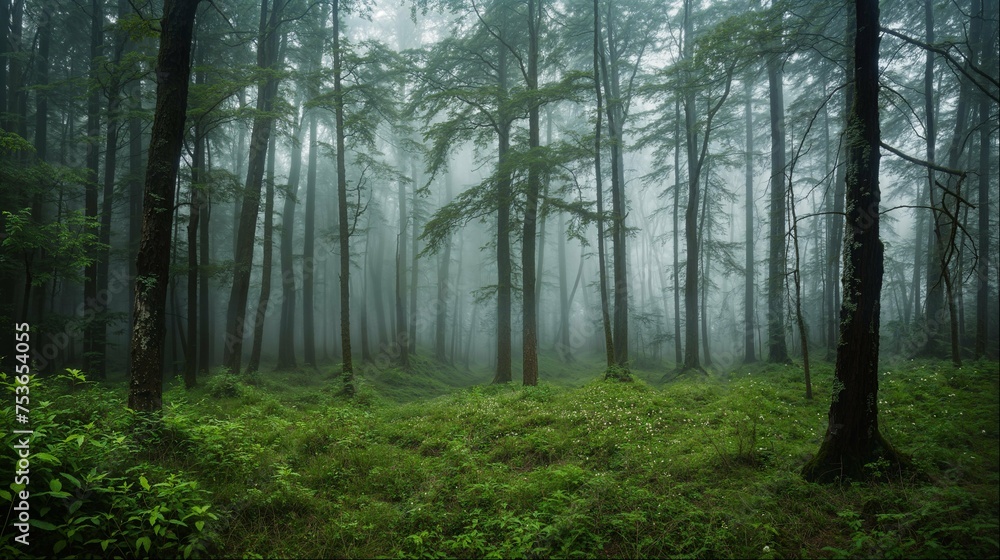 Misty Spring Forest with Lush Green Foliage Misty Spring Forest with Lush Green Foliage