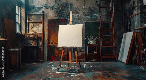 Obraz na płótnie Empty artist easel in a moody studio setting