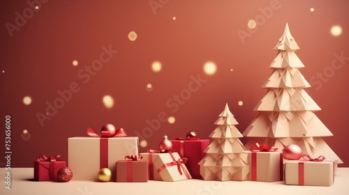 Holiday Celebration Background with Decorated Christmas Tree and Presents 