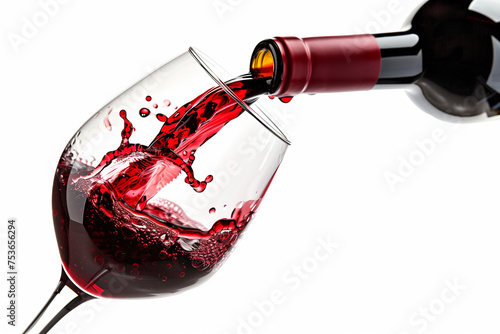 A poured and pouring glass of red wine and bottle of red wine. Merlot, Cabernet Sauvignon, Pinot noir, Malbec, Sangiovese, Syrah red wines with a blank generic bottle label