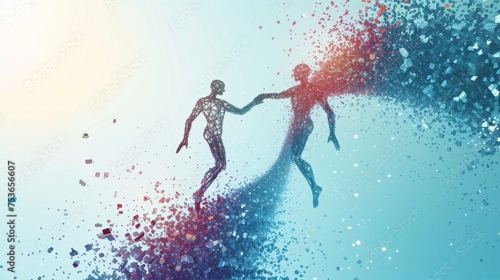 A virtual dance of algorithms forming a bridge between employee aspirations and organizational goals, showcasing AI's role in HR alignment./ - obrazy, fototapety, plakaty 