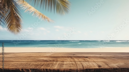 Beachfront Advertising  Empty Wooden Board with Sea Backdrop